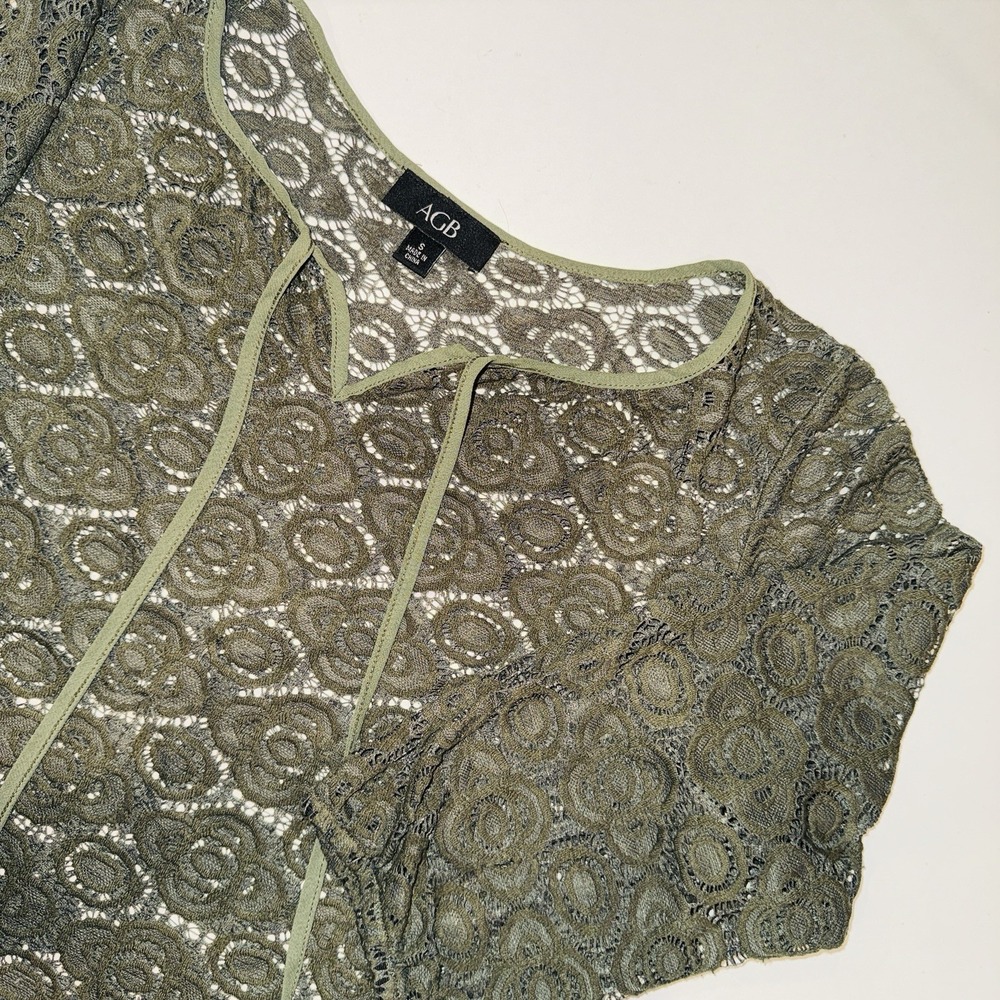 AGB Green Floral Lace Blouse Small Tie Neck 3/4 Sleeve Boho Whimsigoth Sheer Top
